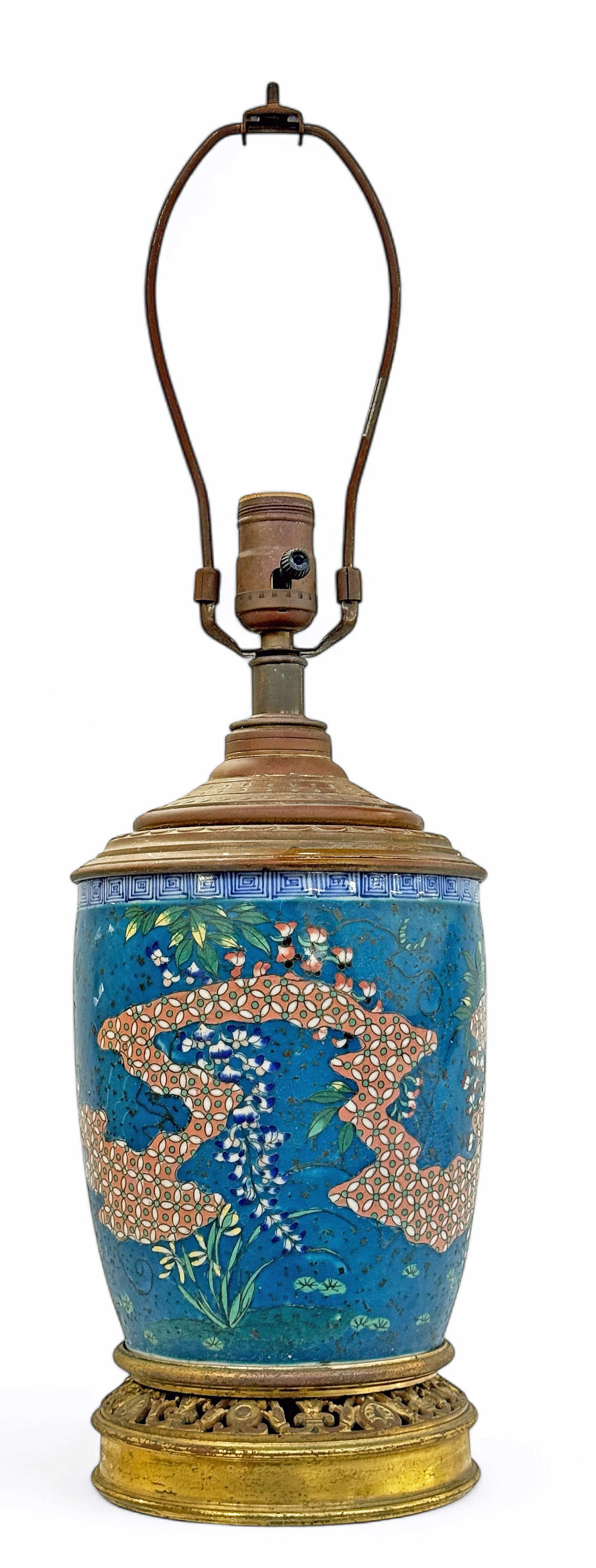 Porcelain Bodied Cloisonne Japanese Lamp.: It looks to be from the Meiji period. The gold gilt bronze base has some wear to the gilt. Otherwise, it is in good overall condition. The porcelain cloisonne body measures 7 1/4" long. The lamp as a