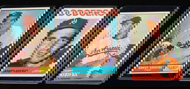 3 Sandy Koufax Baseball Cards - 1961, 1963, 1964.: The lot includes Topps 1961 #344, Topps 1963 #210, and Topps 1964 #200. The cards are in good condition for their age, with