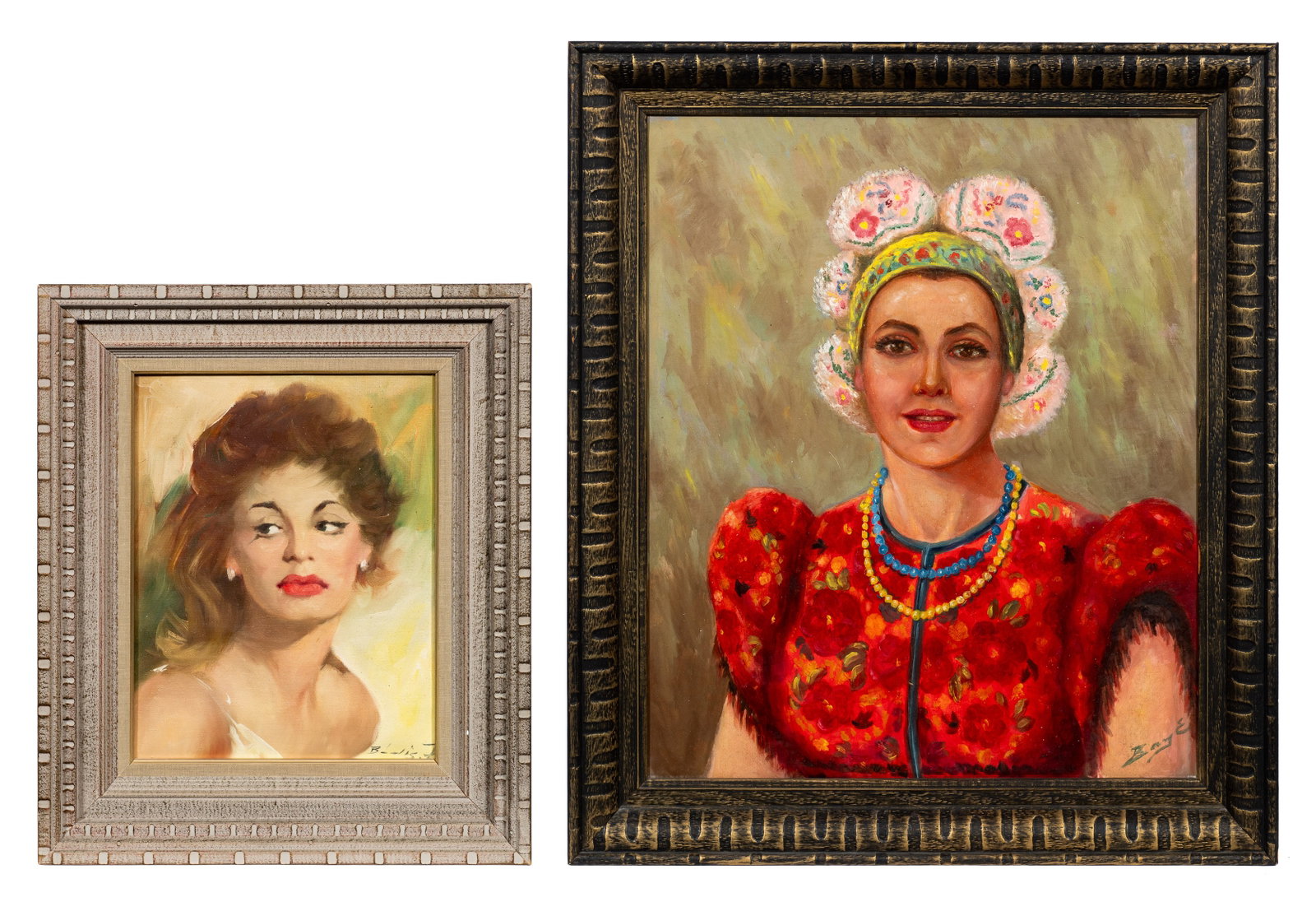 Lot of Two Female Portraits - Bodis & Baye.: This lot contain two female portraits. There is a portrait of a woman by Josef Bodis (Hungarian, 20th Century). The woman in red is signed "Baye", lower right. Medium: Oil paintings on canvas. Paperwo