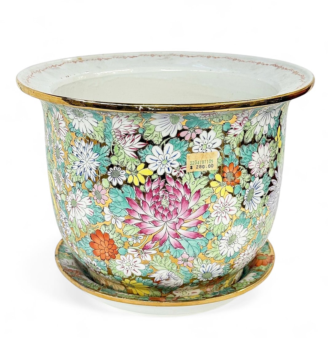 Chinese Famille Rose Planter with Underplate.: The planter has a mark on its underside. Both pieces are in good overall condition. The planter measures 9 1/8" tall and 12 3/8" in diameter across the rim. The underplate measures 10 1/8" in diameter