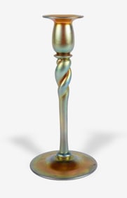 Steuben Aurene Iridescent Glass Twist Candlestick.