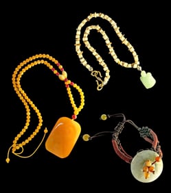 Lot: 3 Pcs.: Amber & Jadeite Jewelry.