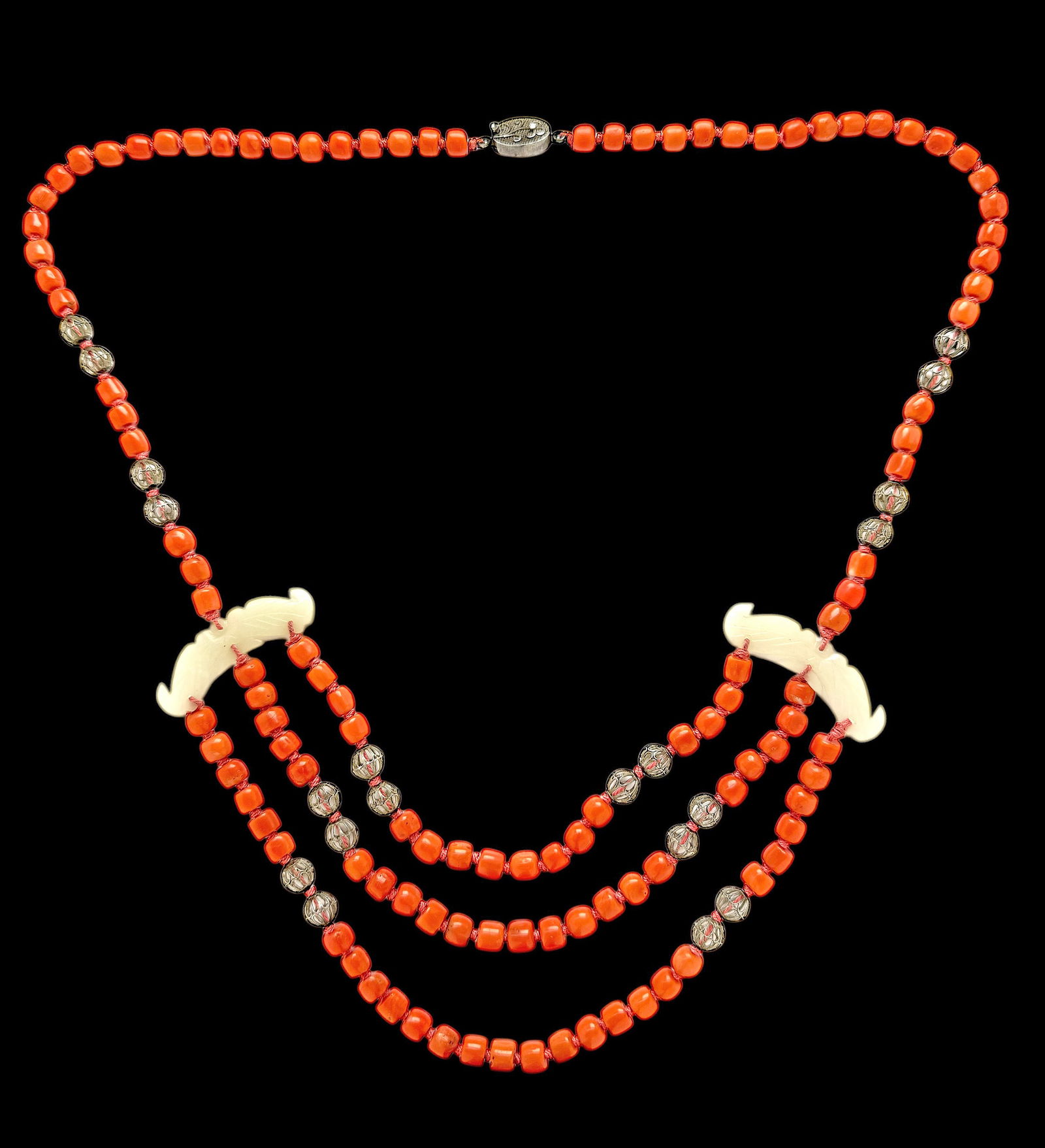 Antique Chinese Silver Coral & White Jade Necklace (1 of 5)