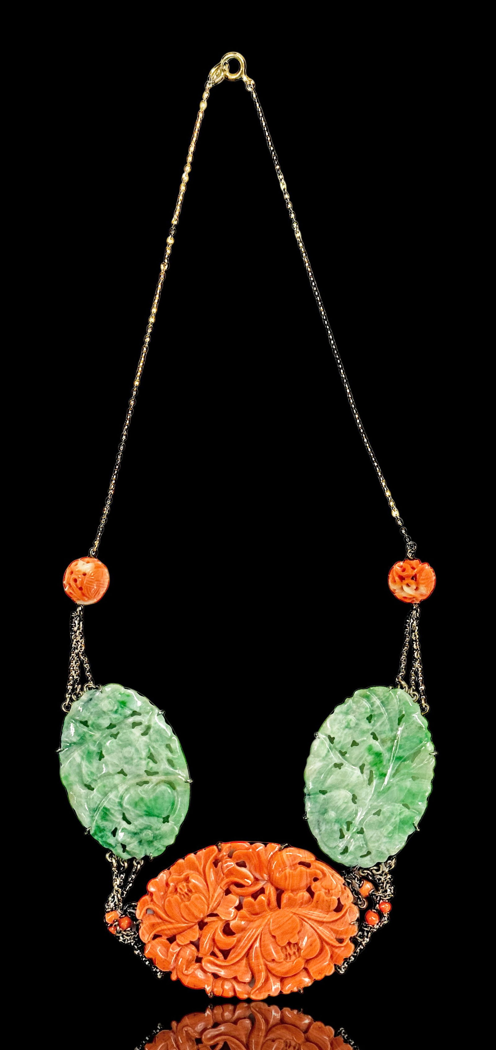 Antique Chinese Carved Coral & Jadeite Necklace. (1 of 4)