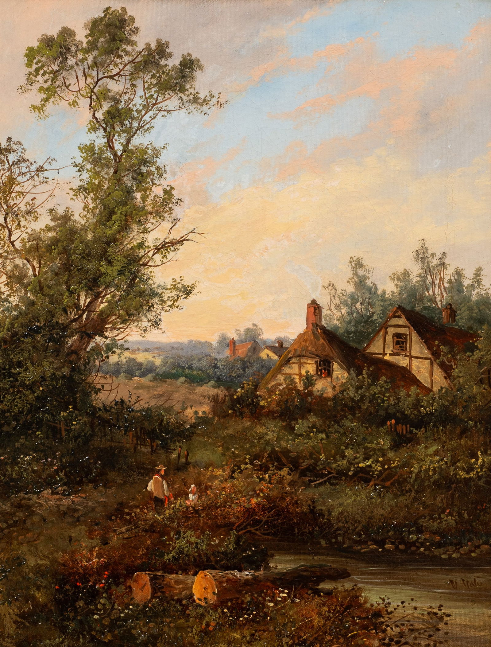 Bucolic Cottage Scene Painting, W. Yates. (1 of 5)