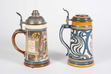 Pair of Mettlach Beer Steins - Elk & Cavalier.
