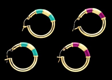 Two Pair of 14K Gold & Enamel Hoop Earrings.