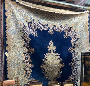 9' 8" x 12' Blue & Cream Kirman Rug.