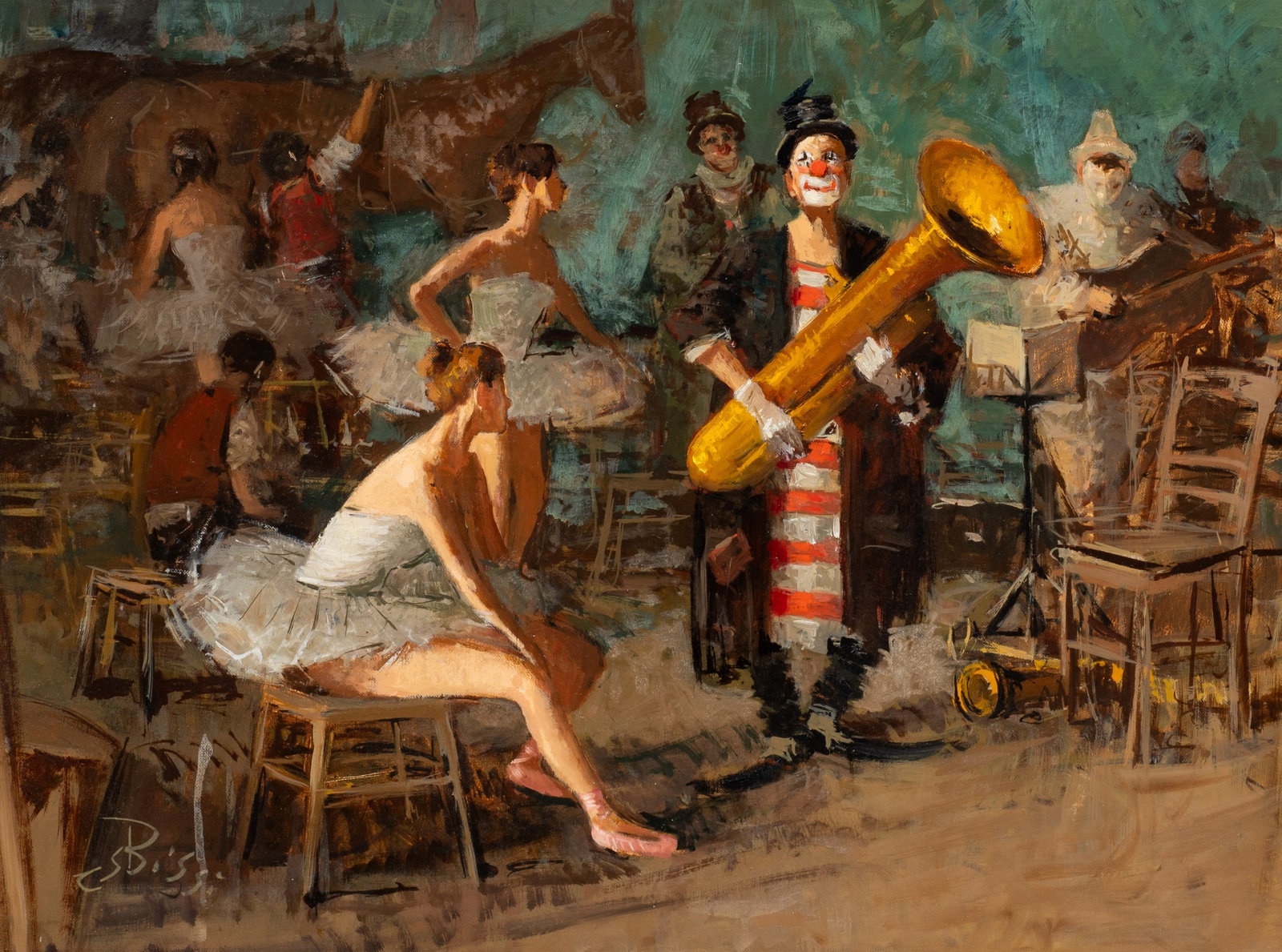 Ballerinas at the Circus, Painting by Sergio Bissi: Artist(s): Sergio Cirno Bissi (Italian, 1902-1987). Medium: Oil on canvas board. Signature(s): "C. S. Bissi", lower left. Paperwork: N/A Condition: Minor craquelure, and a line of surface grime near t