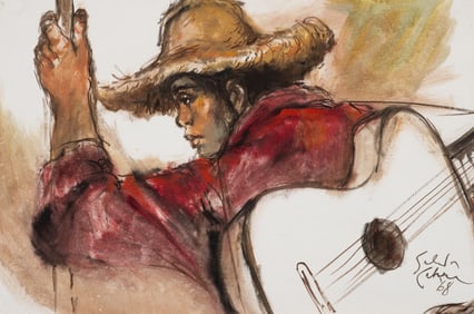 Lg. Painting of Man with Guitar, Salvador Cabrera.
