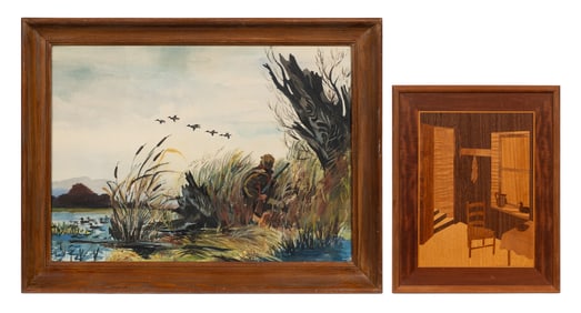 Two Works - Hunting Watercolor & Wood Inlay.