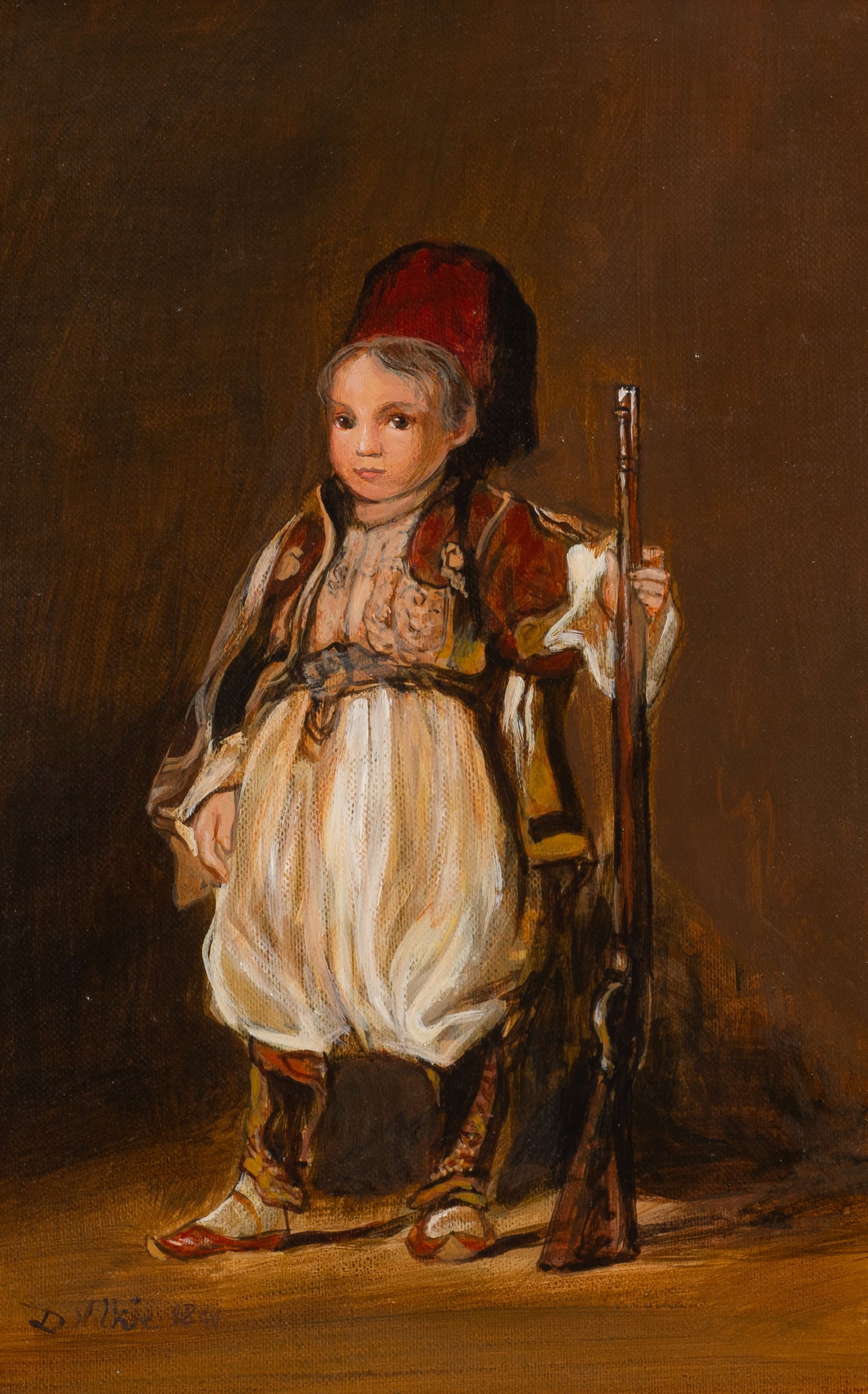 Copy of Boy with Rifle, After Sir David Wilkie.: Artist(s): Unknown, painted copy after a sketch by Sir David Wilkie. Medium: Oil on canvas. Signature(s): Bears a signature after Wilkie, lower left. Paperwork: Attached en verso are tags from an Ital