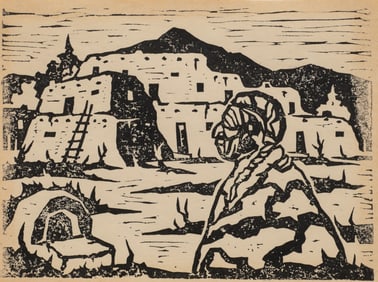 Southwestern Pueblo Scene Woodcut, Unsigned.