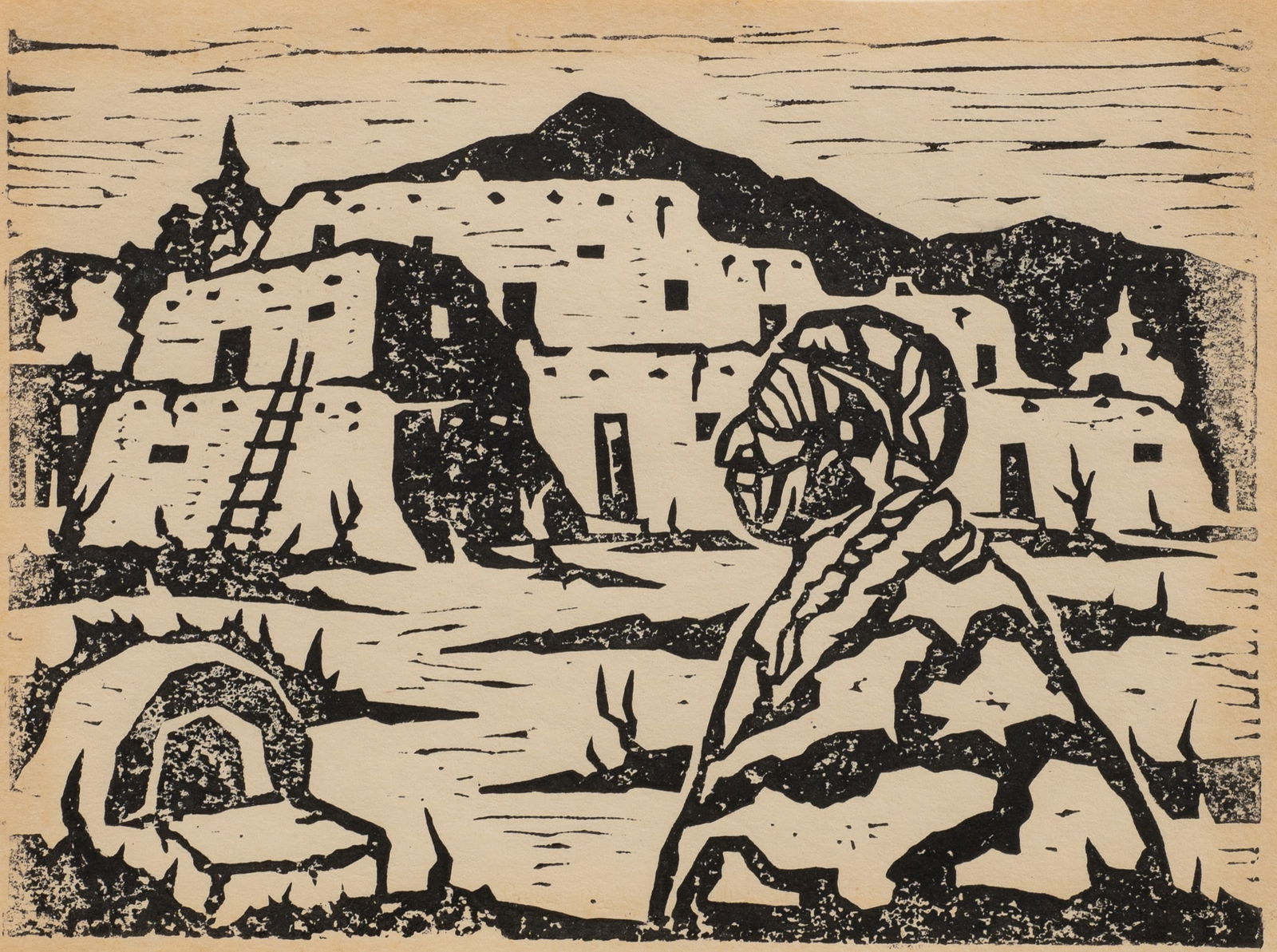 Southwestern Pueblo Scene Woodcut, Unsigned. (1 of 4)