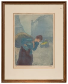 La rue des Abbesses, Etching by Joaquin Sunyer.