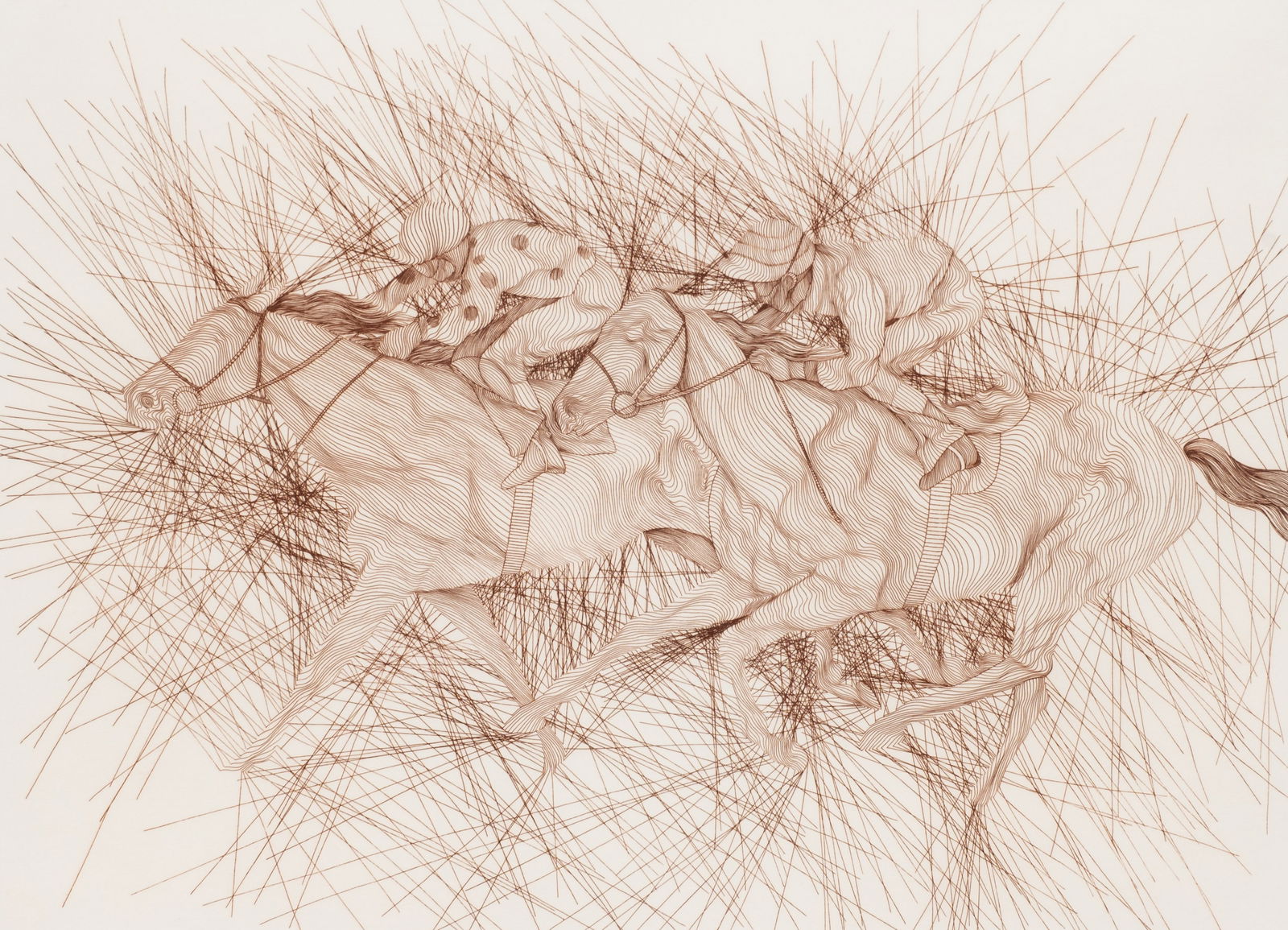 Last Furlong, Etching by Guillaume Azoulay.: Artist(s): Guillaume Azoulay (Moroccan, b. 1949) Medium: Etching in sepia tones. Signature(s): Pencil signed, titled, and numbered (199/300) in its lower margin. Paperwork: N/A Condition: Very good co