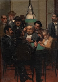 Men Playing Cards, Painting Signed A. Cortes.