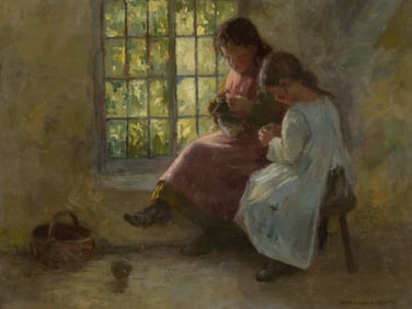 Painting of Two Girls Knitting, Adam Albright.