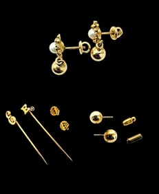 Lot 14K Gold Earrings and Pins - Pearl, Initial E.