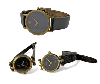 Lot of Black & Gold Watches - 2 Gucci, 1 Movado.
