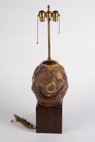 Mid Century Pottery Polychrome Lamp on Wood Stand.