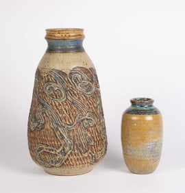 Lot of 2 Blue & Tan Pottery Vases, Signed.