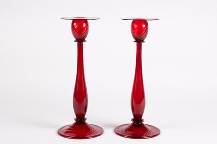 Steuben Selenium Red Swirl Candlestick Pair.