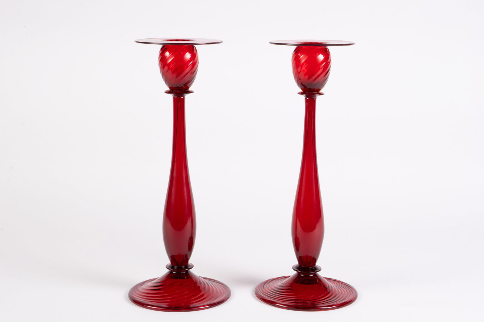 Steuben Selenium Red Swirl Candlestick Pair. (1 of 5)
