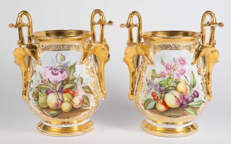 Pair Gilded Porcelain Vases w/ Handpainted Fruit.