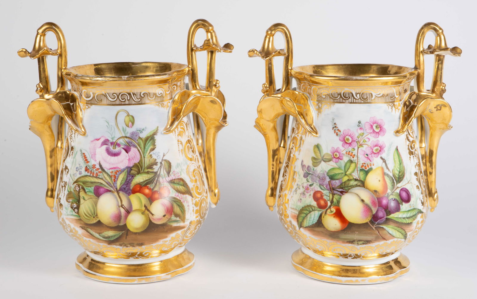 Pair Gilded Porcelain Vases w/ Handpainted Fruit. (1 of 13)