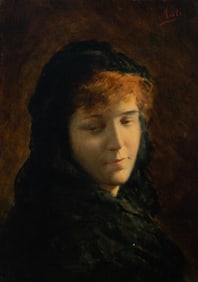 Antique Portrait of Woman in Black, Angelo Asti.