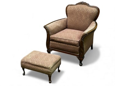Art Deco Upholstered Chair & Ottoman Set.