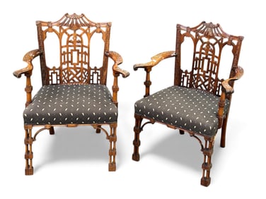 Pair Asian Theme Carved Chinese Chippendale Chairs