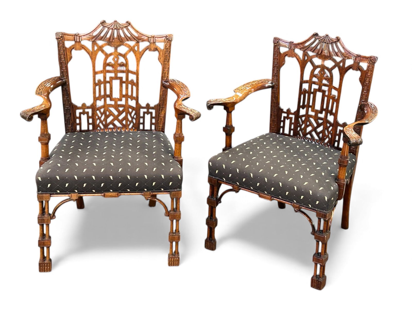 Pair Asian Theme Carved Chinese Chippendale Chairs (1 of 16)