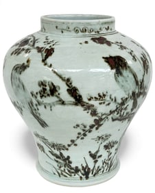 Large Korean Porcelain Vase w/ Bird & Tree Design.