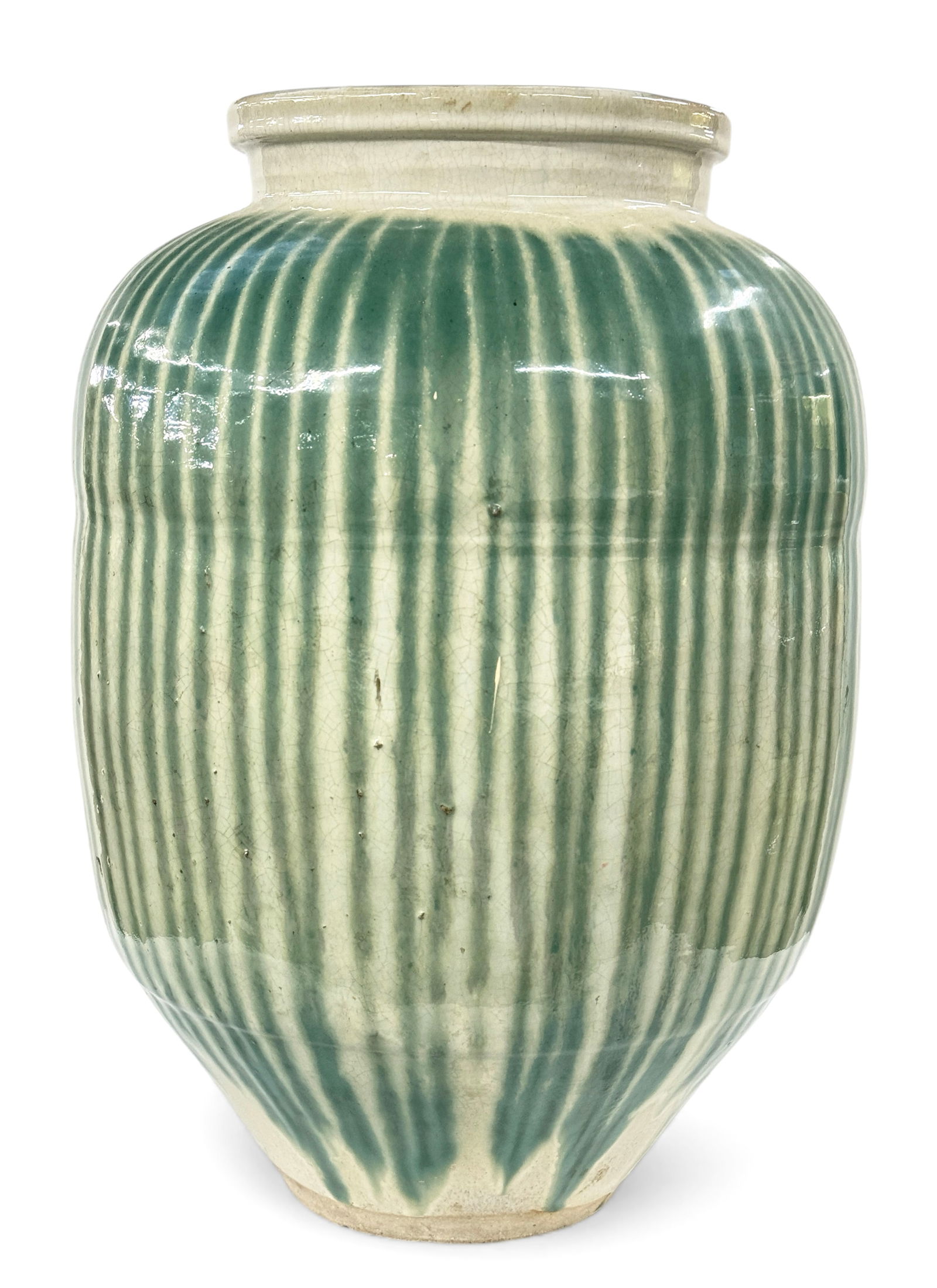 Huge Japanese Shigaraki Stoneware Saki Jar.: The jar is in good overall condition. It has some crazing at the top. It measures 21 1/2" tall and 14 1/2" in diameter. Third-party shipping or personal pickup is required. Please see our website for