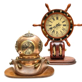 2 Clocks - Heritage Ship's Wheel & Diver's Helmet.