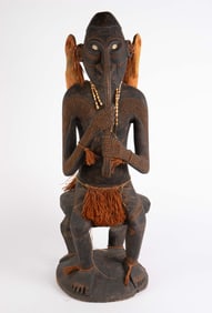 Oceania? 36" Carved Wood Seated Figure w/ Birds.