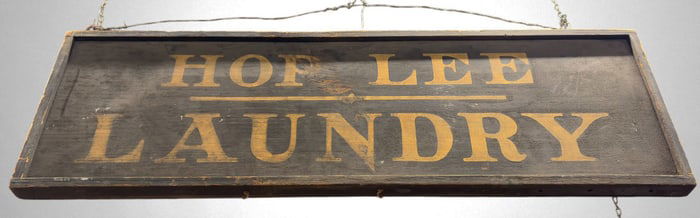 Old Double Sided Wood "Hop Lee Laundry" Sign.