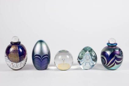 5 Eickholt Glass Paperweights & Perfume Bottles.