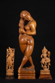 Lot of 3 Indian Carved Wood Figures - Krishna, Etc