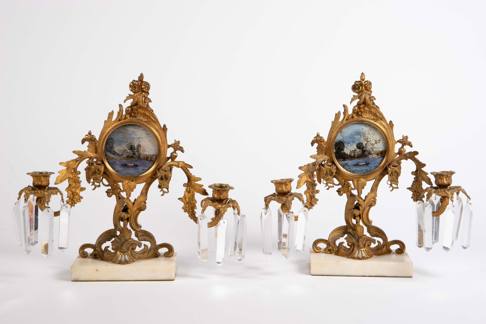Pr French Gilt Bronze Candleabra, Coastal Painting (1 of 10)
