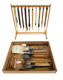 Group of 53 Chinese Bamboo Paint Brushes w/ Stand.