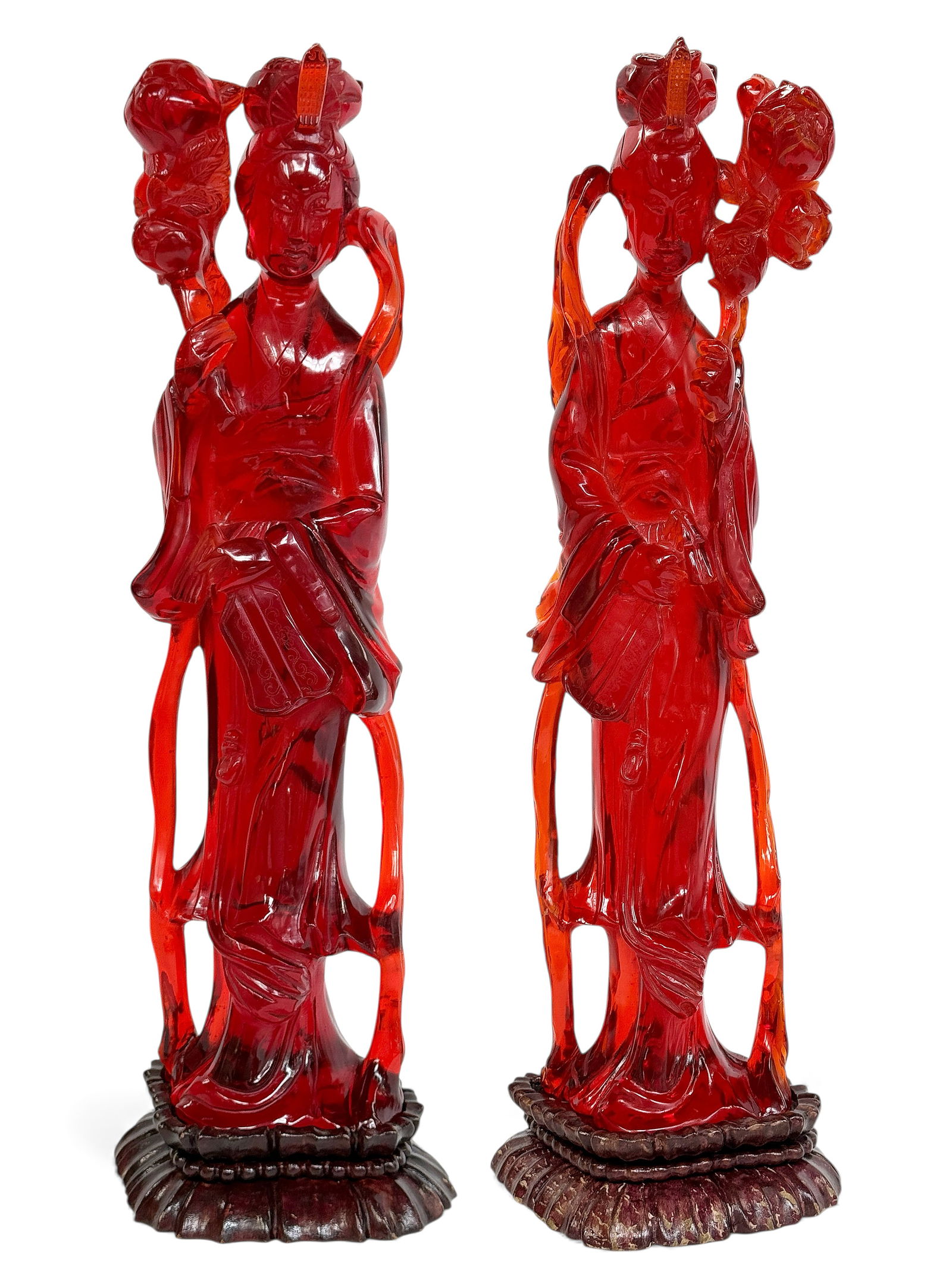 Pair of Carved Reconstituted Cherry Amber Figures. (1 of 16)