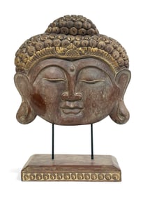 Carved Wood Asian Buddha Head.