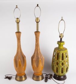 Lot of 3 Mid Century Pottery Lamps w/ Lava Glaze.