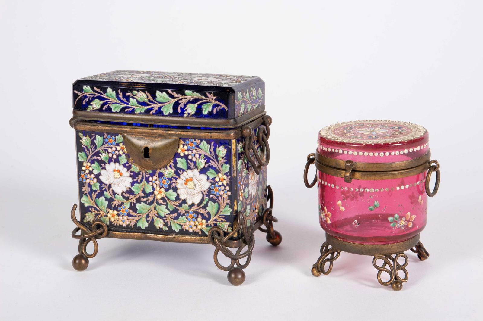 Lot of 2 Moser Glass Dresser Boxes w/ Flowers. (1 of 9)