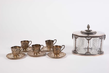 Lot: Silverplate Biscuit Barrel, Demitasse Set.