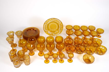 Lot of Etched Amber Glass Dishes, Likely Bohemian.