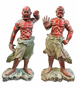 Pair of Japanese Wood & Lacquer Carved Man Figures